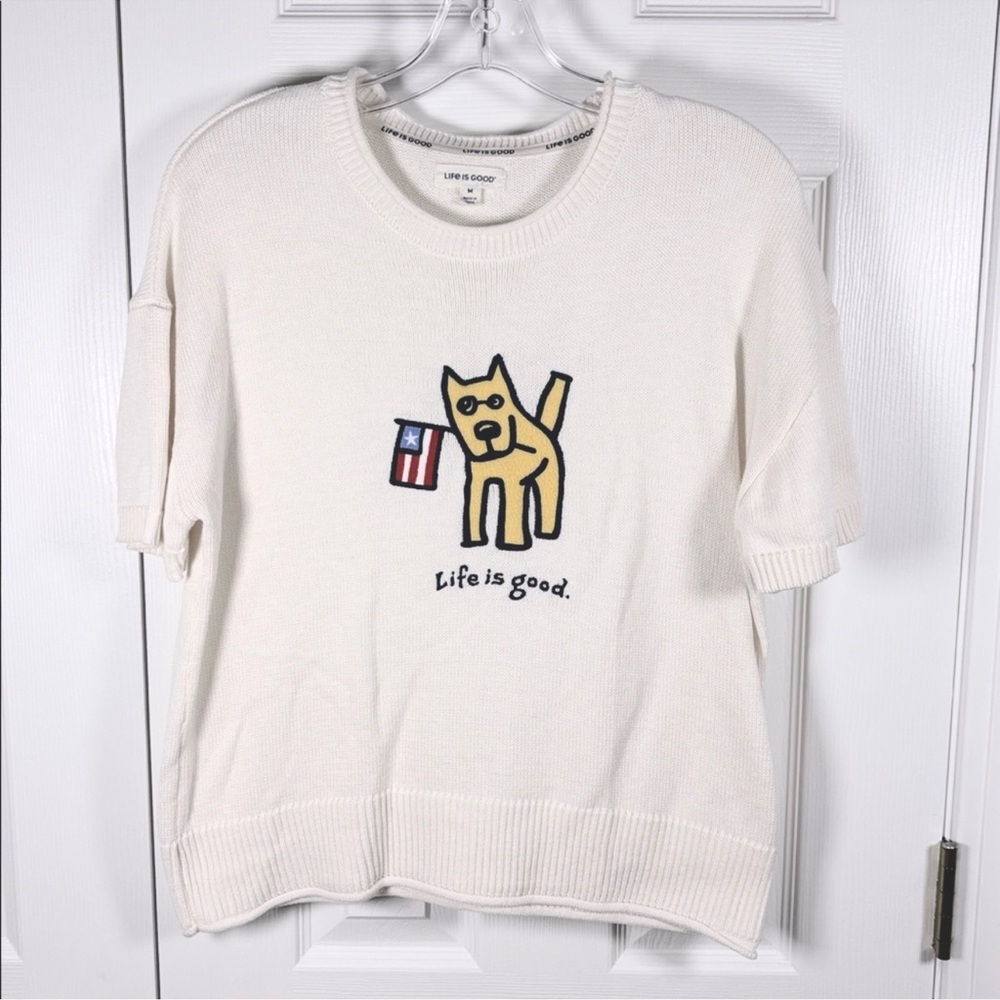 Life is Good Dog American Flag Short Sleeve Crew Neck Knit Sweater Medium